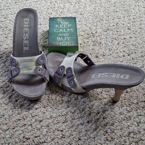 Diesel Bone & Lilac Purple Leather Suede Wood Sandals Size 7 Worn Once
